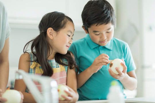 キッチンで玉ねぎの皮を剥く兄と妹