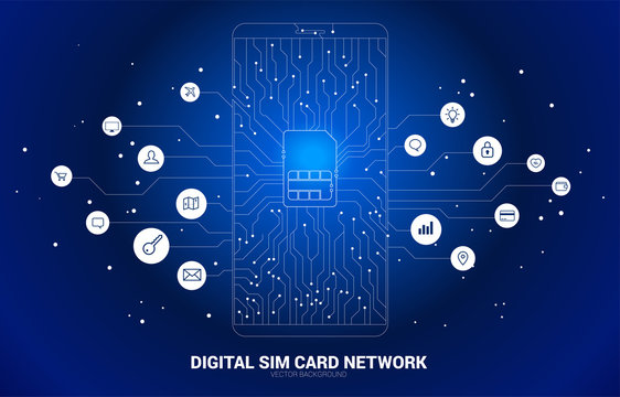 Vector Polygon dot connect line shaped sim card icon in mobile phone circuit board style with functional icon. Concept for mobile sim card technology and network.