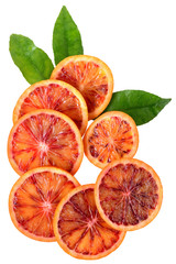 Blood orange slice with leaf top view isolated
