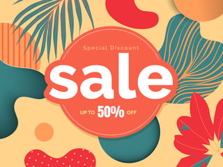 Botanical sale banner/background template design, leaves and abstract shapes with hand drawn pattern in warm orange and green tones