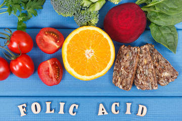 Inscription folic acid with healthy nutritious food as source minerals, vitamin B9 and dietary fiber