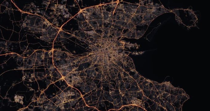 Aerial night view of city of Dublin Ireland. Traffic and street light glowing. Camera flying high above. Zooming in city district and rotating cinematic filming straight down. 3d animation rendering.