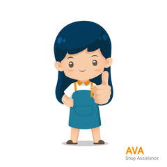 Cute cartoon shop assistance mascot in apron uniform in give a thumbs up action use for illustration