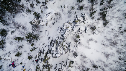 stones and trees in the snow top view