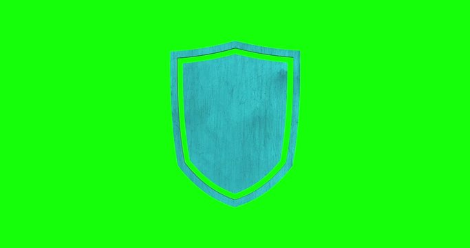 Animation of a 3D shield icon spinning against a green screen removable background.