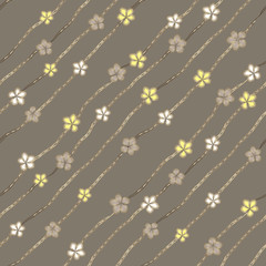 Abstract white, gray and yellow flowers like brooch and jewelry diamond chains on ashen background. Striped vector seamless pattern. Luxury backdrop. Chic template for design.