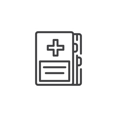 Obraz premium Medical notebook line icon. linear style sign for mobile concept and web design. Medical file document with cross outline vector icon. Symbol, logo illustration. Vector graphics