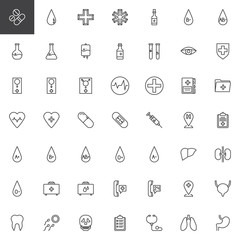 Healthcare and medical line icons set. linear style symbols collection, outline signs pack. vector graphics. Set includes icons as Medicine pills, Blood drop, Hospital cross, human internal organs