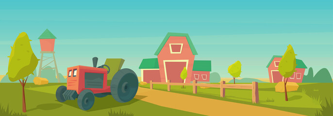 Agriculture. Farm rural landscape with red barn, tractor.