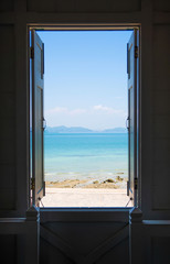 open the window ,blue sea ,blue sky , view background .Summer, Travel, Vacation and Holiday concept . - 269134709