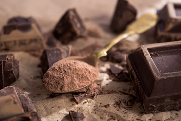 Large pieces of dark chocolate and cocoa powder
