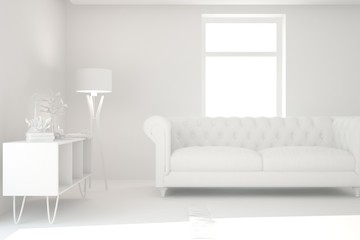 Mock up of stylish room in white color with sofa. Scandinavian interior design. 3D illustration