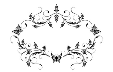 Decorative vintage frame with floral ornament and butterflies  in retro style isolated on white