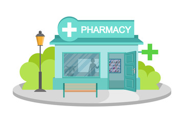 Vector image drugstore. Facade of pharmacy store isolated on white background. Drugstore house. Cartoon pharmacy store building. Drugstore front. Vector graphics to design