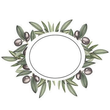  Watercolor frame. Green plants. Inviting for a wedding. Tender banners. Olive leaves and twigs