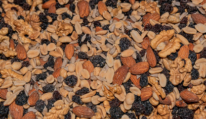 Mixture of dried seeds, fruits and nuts. snack food