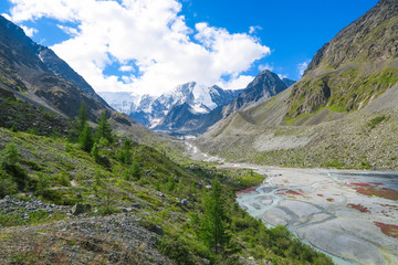 Akkem glacier river and mountains view. Summer in Altai mountains. Russia