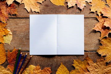 Autumn leaves with notebook on wooden background with copy space. Wallpaper for September 1.