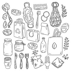 Eco friendly set of doodles. Ecological and zero-waste collection of items. Go green living