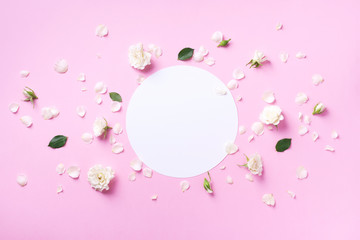White rose flowers and petals on circle shape over pink background. Flat lay, top view. Creative layout. Spring or summer banner with copy space. Flowers composition.