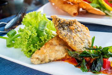 deep fried seabass with red sauce - Thai halal food
