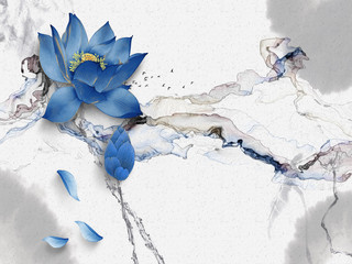 Fototapety  Abstrakcyjna ilustracja, białe tło z szarymi plamami, ciemny dym, dwa duże niebieskie kwiaty