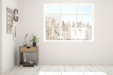 Mock up of empty room in white color with winter landscape in window. Scandinavian interior design. 3D illustration