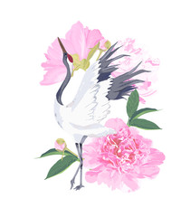 Spring print with crane and peony. Vector illustration. Watercolor style