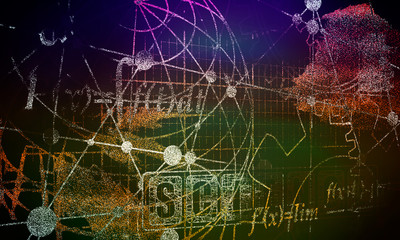 Abstract futuristic stripe line printed circuit board pattern with gear wheel and math fornula on blue color background. Math science engineered drawn project plot concept