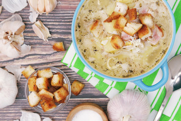 A bowl with traditional Czech garlic soup cesnecka