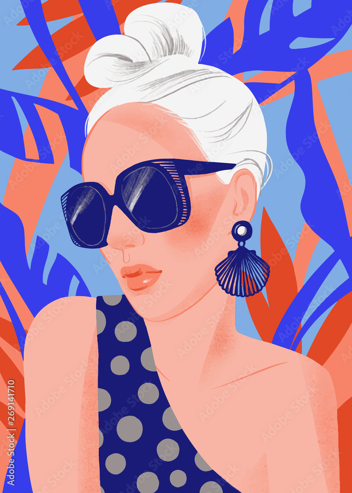 Wall mural Fashion woman model with sunglasses on tropical background. Summer holiday portrait of beautiful girl. Pose. Flat trendy illustrtation. Template for card, poster, banner, print for t-shirt. tote bag.