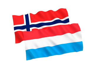 National fabric flags of Norway and Luxembourg isolated on white background. 3d rendering illustration. 1 to 2 proportion.