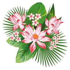 Floral composition pink lotus green leaves