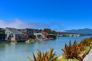 Obraz premium House boats floating on water on a sunny day in Sausalito, San Francisco bay, USA