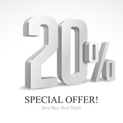 20 Off Special Offer Silver 3D Digits Banner, Template Twenty Percent. Sale, Discount. Grayscale, Metal, Gray, Glossy Numbers. Illustration Isolated On White Background. Ready For Your Design. Vector