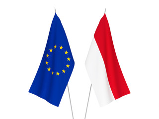 National fabric flags of European Union and Indonesia isolated on white background. 3d rendering illustration.