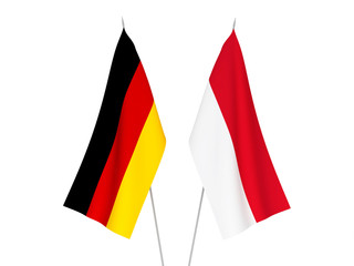 National fabric flags of Germany and Indonesia isolated on white background. 3d rendering illustration.