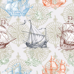 Old caravel, vintage sailboat, sea monster. Vector seamless pattern