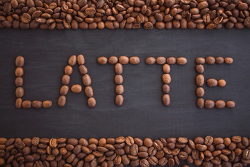  The inscription of coffee beans. Latte word made from coffee on a black background.