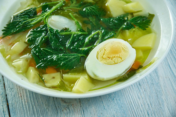 Spring vegetable soup nettle with egg