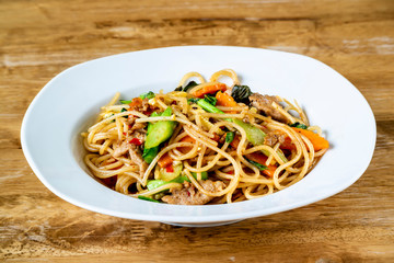 fried spaghetti with beef - Thai halal food