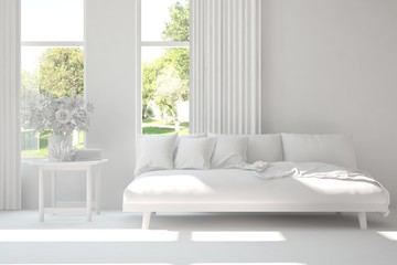 Mock up of stylish room in white color with sofa and green landscape in window. Scandinavian interior design. 3D illustration