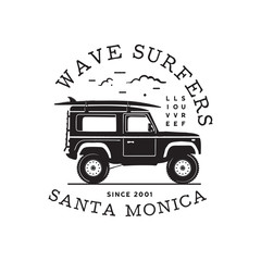Vintage surf logo print design for t-shirt and other uses. Wave Surfers typography quote calligraphy and van icon. Unusual hand drawn surfing graphic patch emblem. Stock vector © jeksonjs