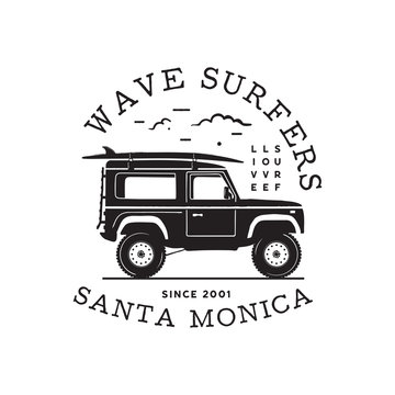 Vintage surf logo print design for t-shirt and other uses. Wave Surfers typography quote calligraphy and van icon. Unusual hand drawn surfing graphic patch emblem. Stock vector