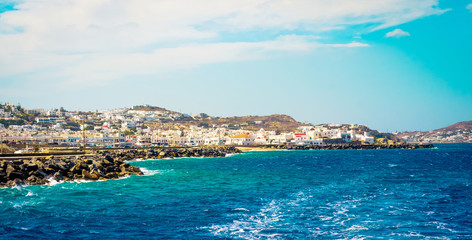 Beautiful view to Mykonos enbankment from seaside