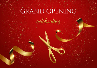 Grand opening invitation red vector banner. Shiny scissors cutting golden ribbon