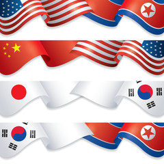 Flags of USA vs China, Korea and Japan
