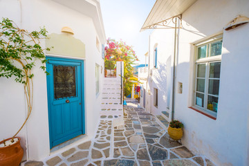 Street of Greek village with white houses