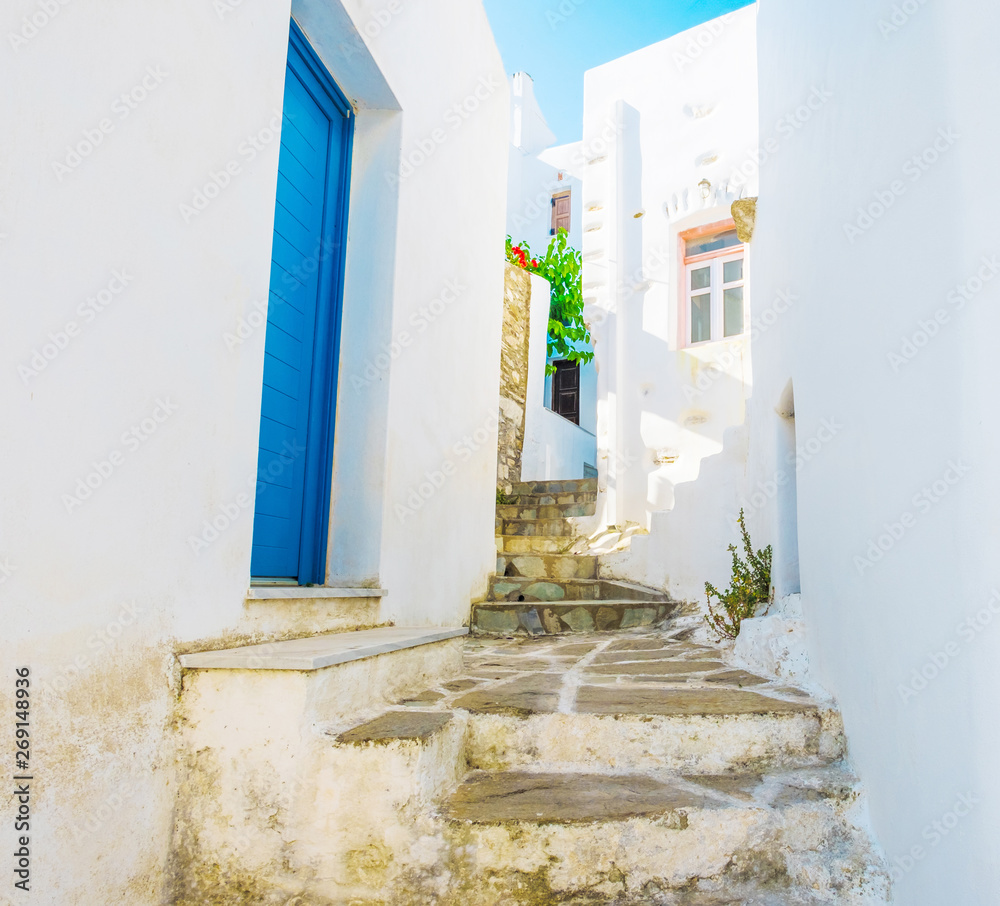 Wall mural steps up a narrow passage between whitewashed walls with blue wooden doors