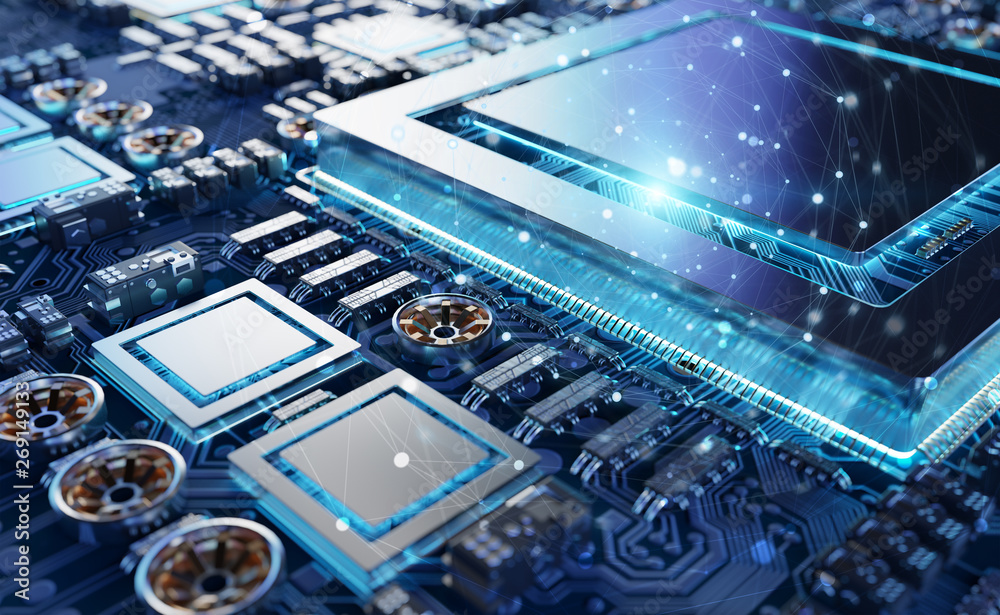 Aufkleber Close-up view of a modern GPU card with connections 3D rendering